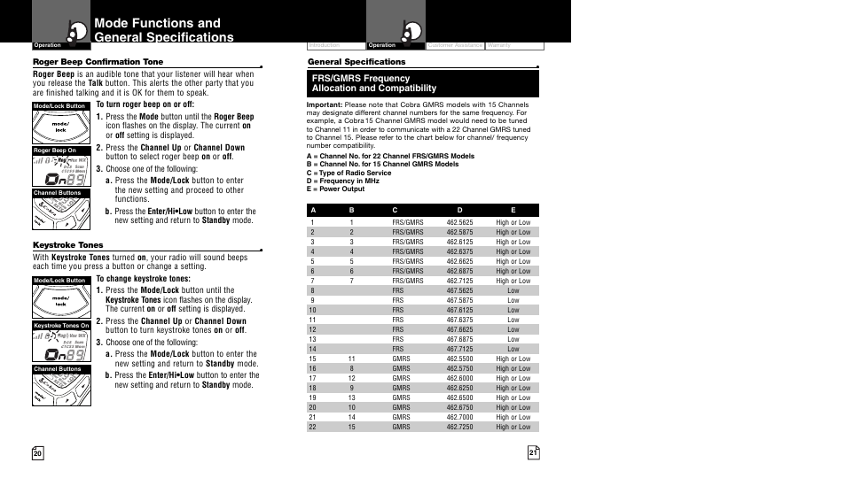 Mode functions and general specifications | Cobra Electronics CXT450 User Manual | Page 13 / 15