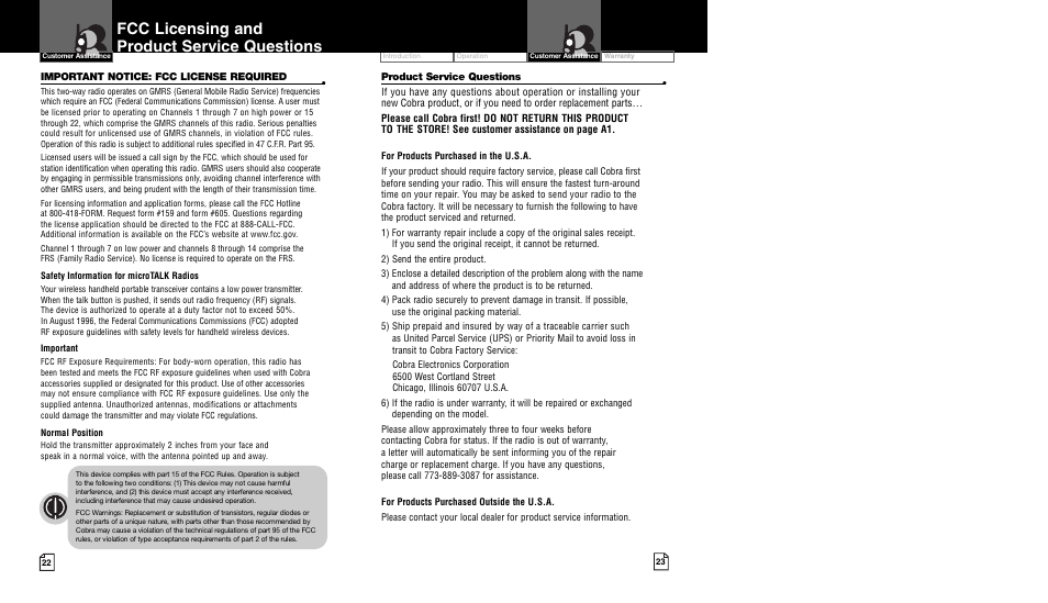 Fcc licensing and product service questions | Cobra Electronics CXT450 User Manual | Page 14 / 15
