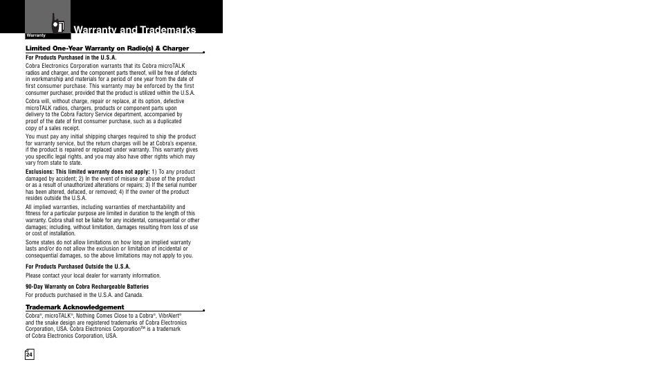 Warranty and trademarks | Cobra Electronics CXT450 User Manual | Page 15 / 15