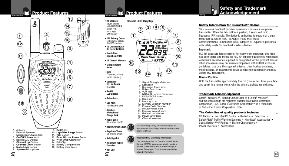 Product features, Safety and trademark acknowledgement | Cobra Electronics CXT450 User Manual | Page 2 / 15