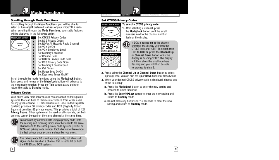 Mode functions | Cobra Electronics CXT450 User Manual | Page 7 / 15