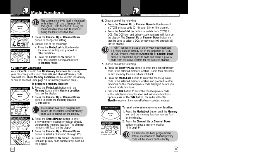 Mode functions | Cobra Electronics CXT450 User Manual | Page 9 / 15