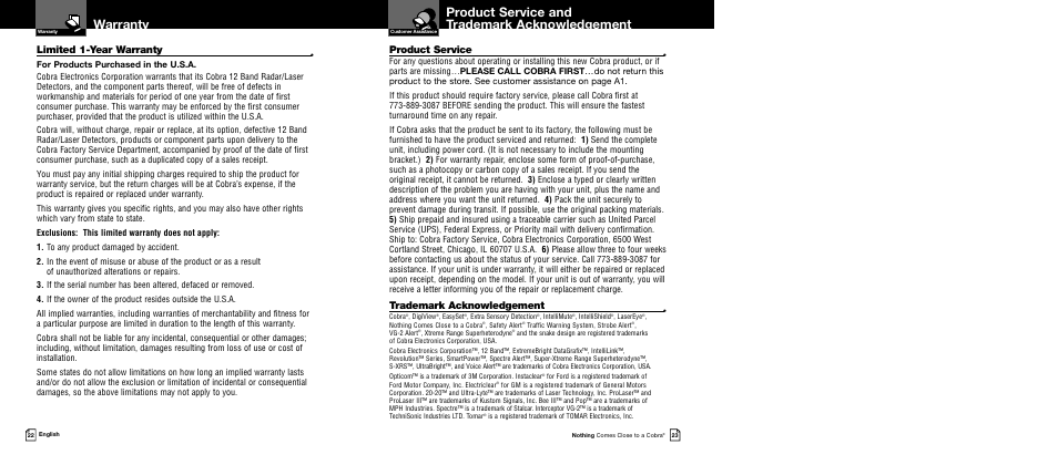 Product service and trademark acknowledgement, Warranty, Limited 1-year warranty | Product service, Trademark acknowledgement | Cobra Electronics XRS 9440 User Manual | Page 14 / 15