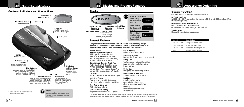 Accessories order info, Display and product features, Controls, indicators and connections | X k ka v s, Display, Product features | Cobra Electronics XRS 9440 User Manual | Page 2 / 15