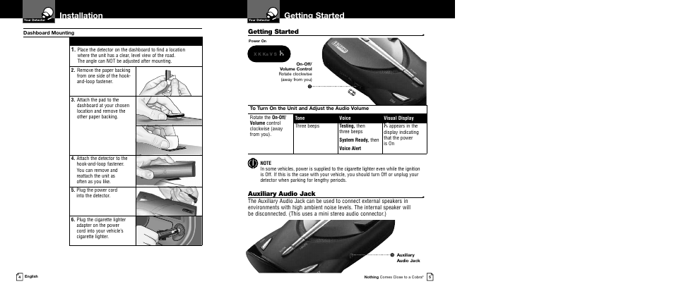 Getting started, Installation, Auxiliary audio jack | Cobra Electronics XRS 9440 User Manual | Page 5 / 15