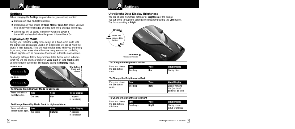 Settings, Ultrabright data display brightness, Highway/city mode | Cobra Electronics XRS 9440 User Manual | Page 6 / 15