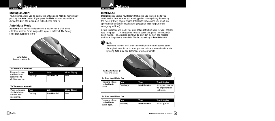 Settings, Muting an alert, Auto mute mode | Intellimute | Cobra Electronics XRS 9440 User Manual | Page 7 / 15