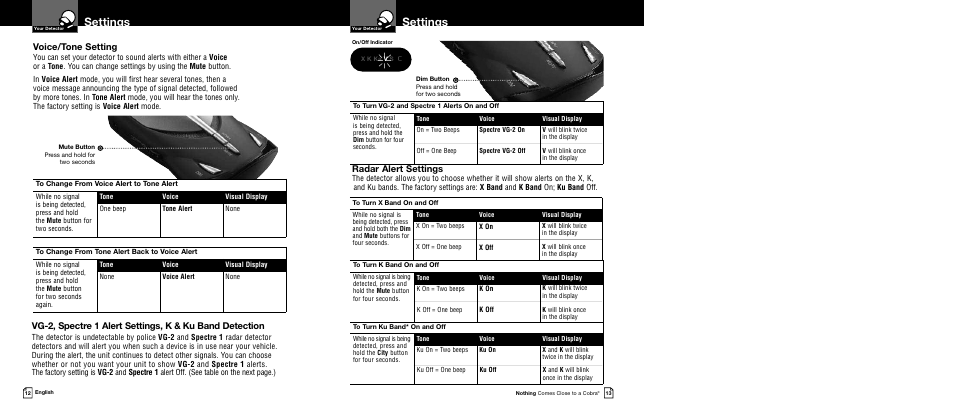 Settings, Voice/tone setting, Radar alert settings | Cobra Electronics XRS 9440 User Manual | Page 9 / 15