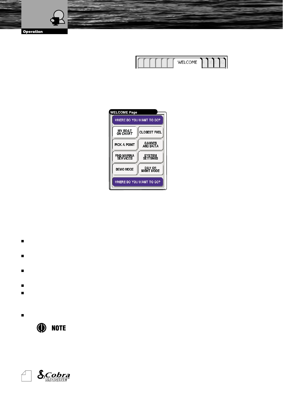 Operations, Welcome page | Cobra Electronics MC600Cx  EN User Manual | Page 27 / 102