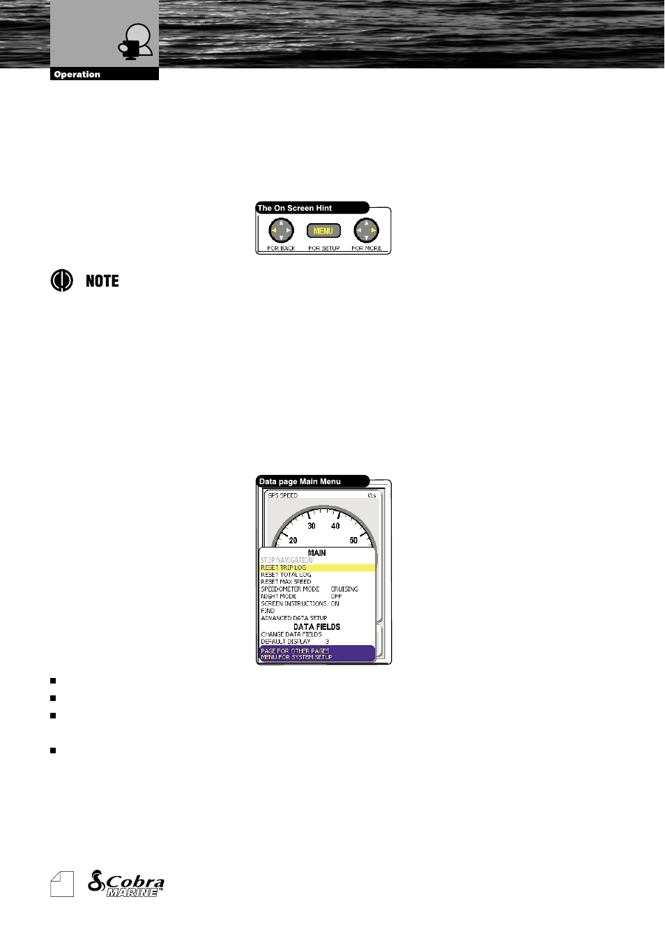 On screen instructions, Menu, Data page | Cobra Electronics MC600Cx  EN User Manual | Page 33 / 102