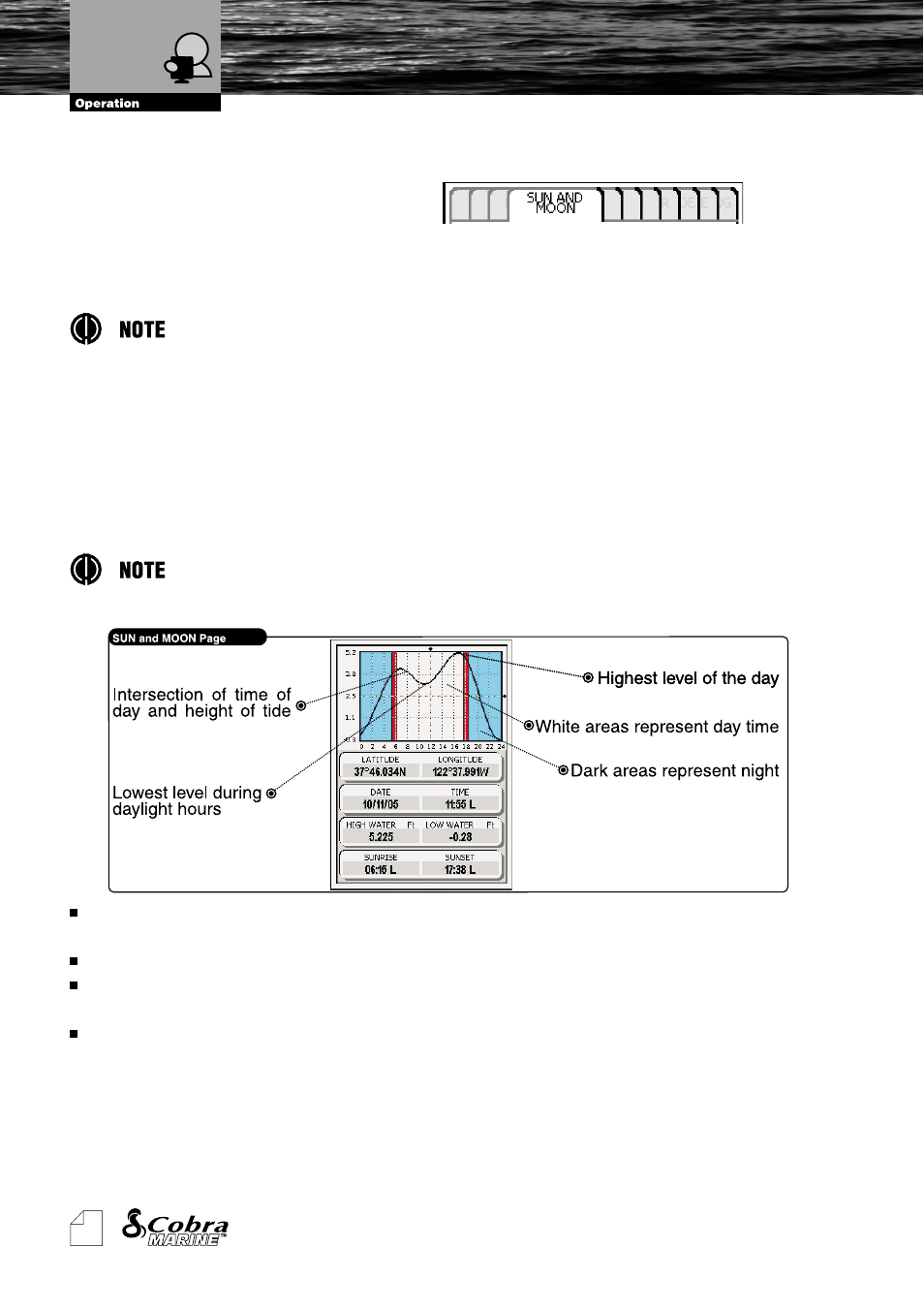 Description - "telling" tide, Operations, Description - “telling” tide 3.6.2. operations | Sun and moon page | Cobra Electronics MC600Cx  EN User Manual | Page 37 / 102