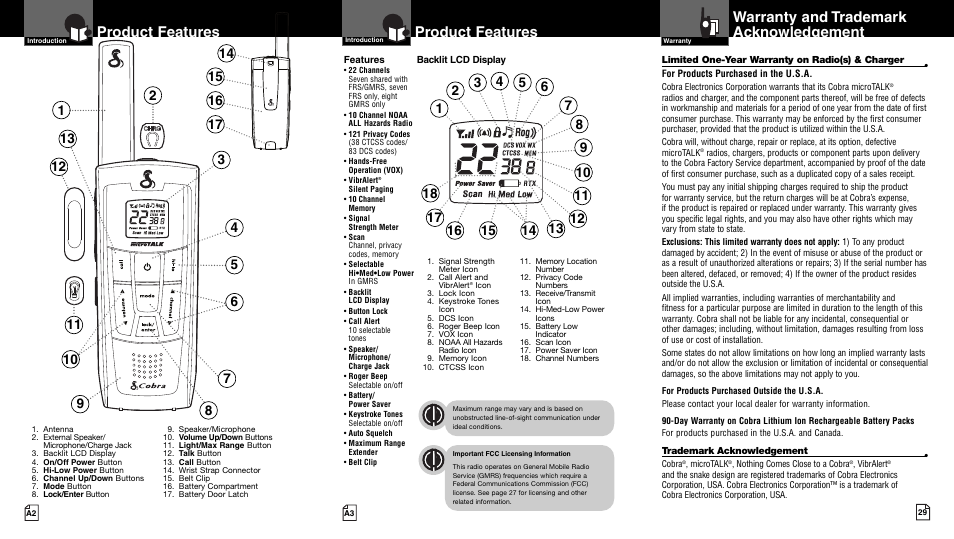 Product features, Warranty and trademark acknowledgement | Cobra Electronics LI 7020WX User Manual | Page 2 / 17
