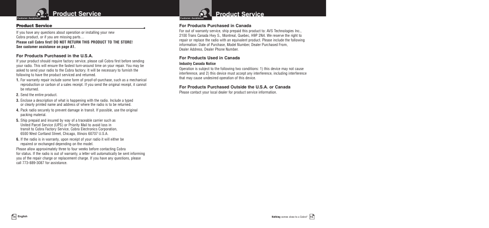 Product service, For products purchased in the u.s.a, For products purchased in canada | For products used in canada | Cobra Electronics 19 DX IV User Manual | Page 10 / 11