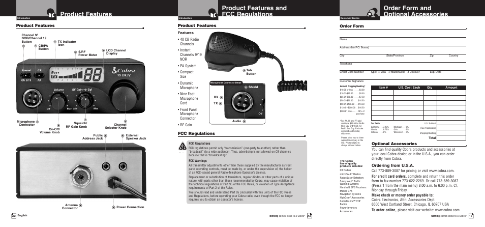 Order form and optional accessories, Product features and fcc regulations, Product features | Ordering from u.s.a, Product features • product features, Fcc regulations, Optional accessories, Order form | Cobra Electronics 19 DX IV User Manual | Page 2 / 11