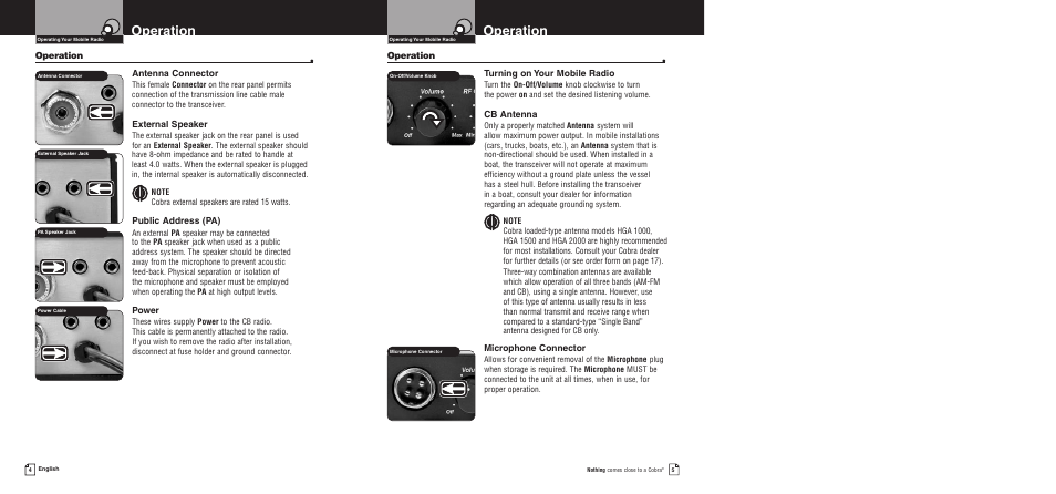 Operation, Operation • turning on your mobile radio, Cb antenna | Microphone connector, Operation • antenna connector, External speaker, Public address (pa), Power | Cobra Electronics 19 DX IV User Manual | Page 5 / 11