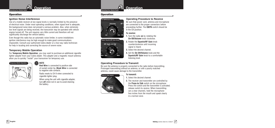 Operation, Operation • operating procedure to receive, Operating procedure to transmit | Operation • ignition noise interference, Temporary mobile operation | Cobra Electronics 19 DX IV User Manual | Page 7 / 11