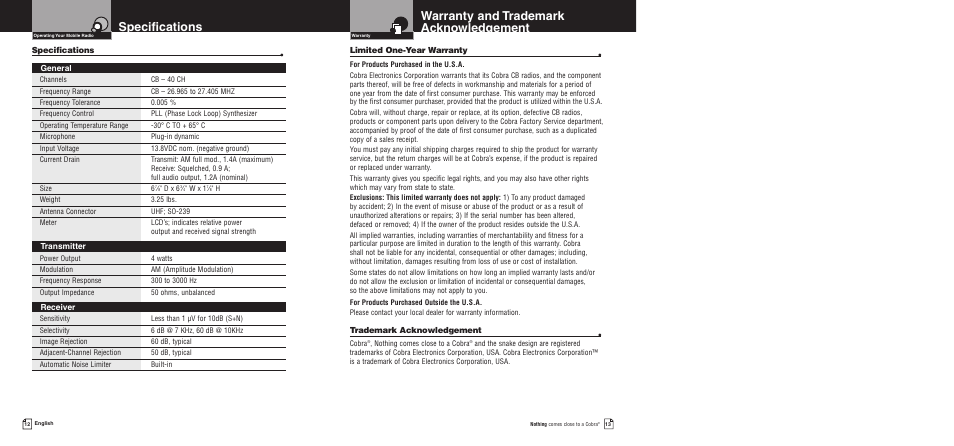 Specifications, Warranty and trademark acknowledgement, Specifications • general | Transmitter, Receiver, Limited one-year warranty, Trademark acknowledgement | Cobra Electronics 19 DX IV User Manual | Page 9 / 11