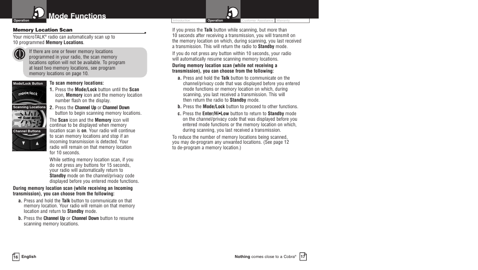 Mode functions | Cobra Electronics PR3500DX User Manual | Page 11 / 14