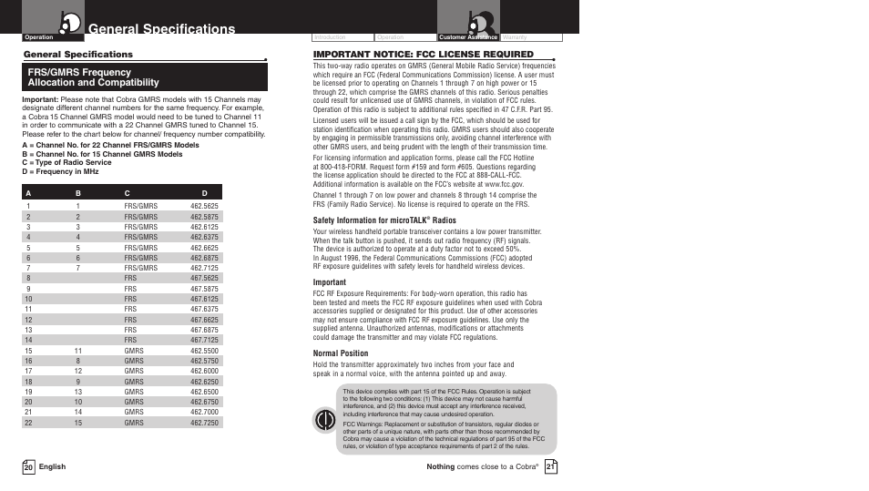 General specifications, Frs/gmrs frequency allocation and compatibility | Cobra Electronics PR3500DX User Manual | Page 13 / 14