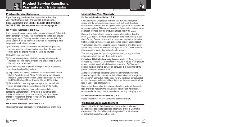 Product service questions, warranty and trademarks | Cobra Electronics PR3500DX User Manual | Page 14 / 14