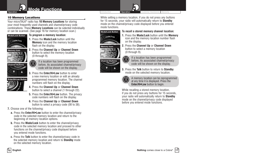 Mode functions | Cobra Electronics PR3500DX User Manual | Page 8 / 14
