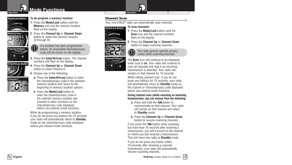 Mode functions | Cobra Electronics PR3500DX User Manual | Page 9 / 14