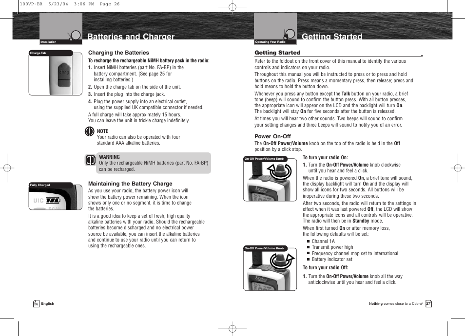 Batteries and charger getting started | Cobra Electronics MR HH100 VP EU User Manual | Page 17 / 22