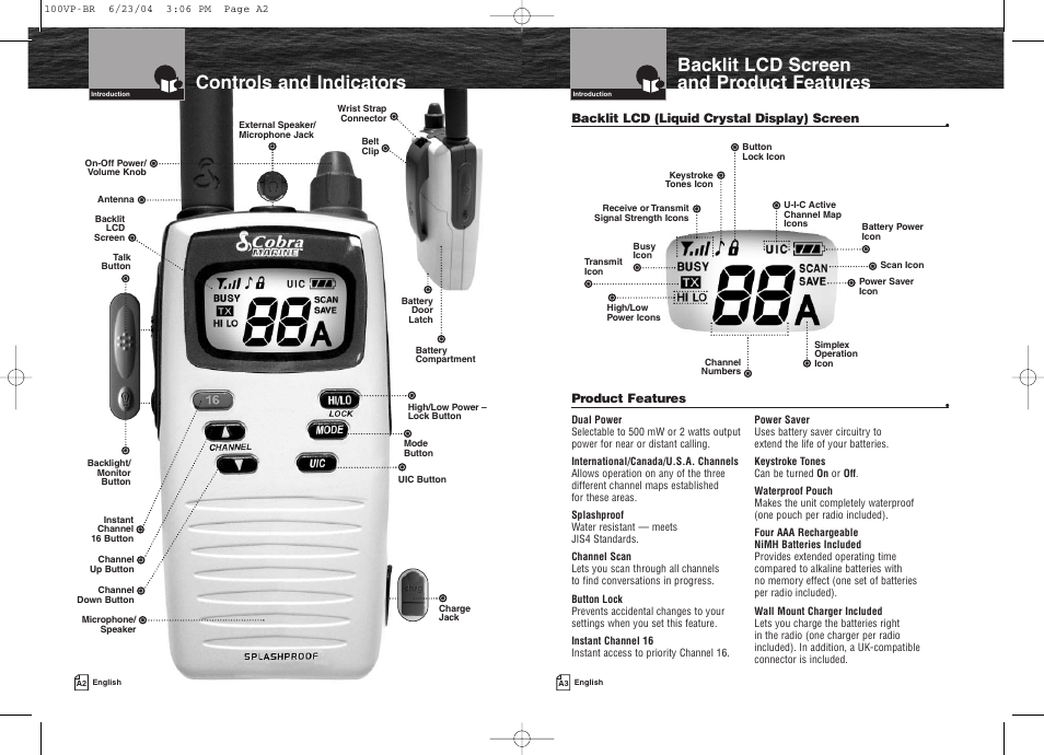 Backlit lcd screen and product features, Controls and indicators | Cobra Electronics MR HH100 VP EU User Manual | Page 3 / 22
