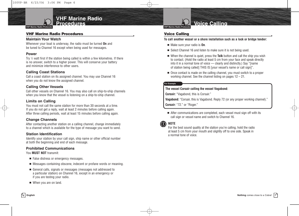 Vhf marine radio procedures voice calling | Cobra Electronics MR HH100 VP EU User Manual | Page 7 / 22