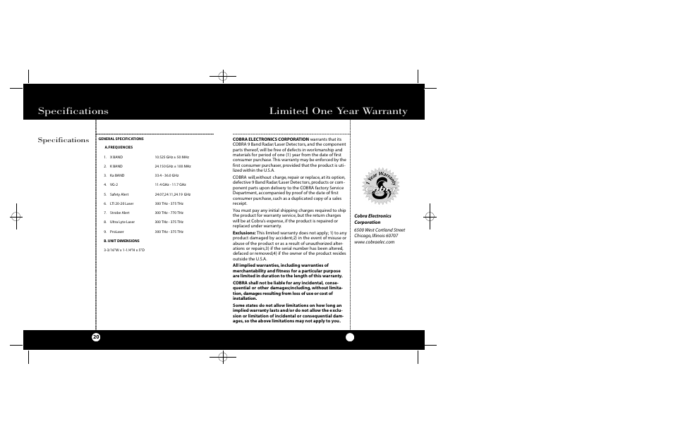 Limited one year warranty, Specifications | Cobra Electronics ESD-9100 User Manual | Page 11 / 15