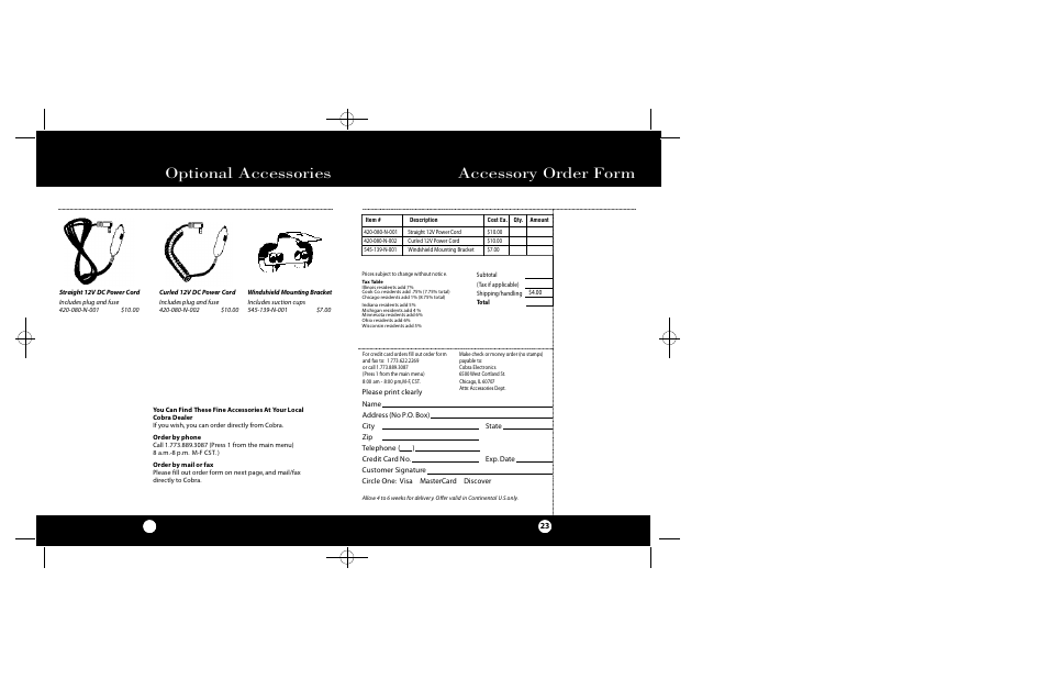 Optional accessories, Accessory order form | Cobra Electronics ESD-9100 User Manual | Page 12 / 15