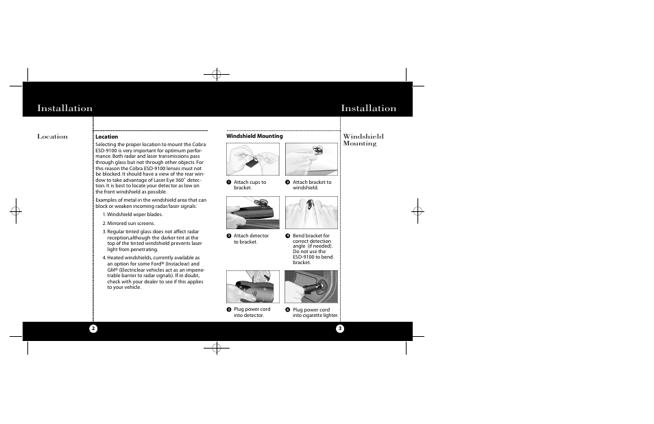 Installation, Location windshield mounting | Cobra Electronics ESD-9100 User Manual | Page 2 / 15