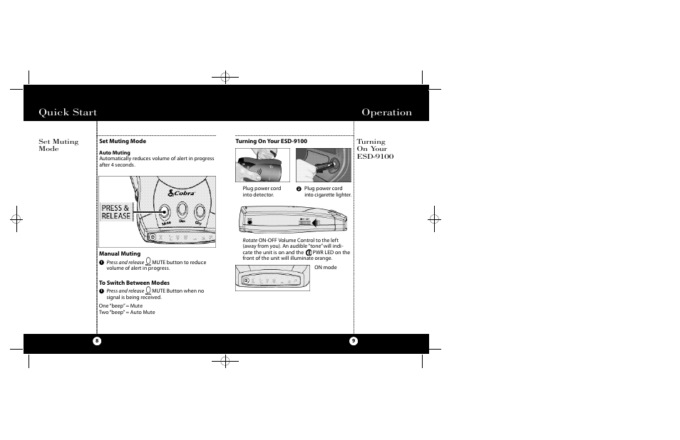 Quick start, Operation, Set muting mode | Cobra Electronics ESD-9100 User Manual | Page 5 / 15
