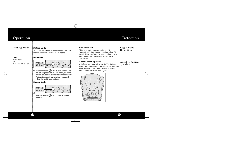 Detection, Operation, Muting mode | Begin band detection, Audible alarm speaker | Cobra Electronics ESD-9100 User Manual | Page 7 / 15
