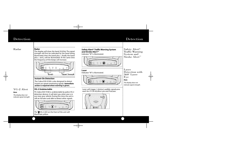 Detection, Radar, Safety alert | Laser detection with 360˚ laser eye, Vg-2 alert | Cobra Electronics ESD-9100 User Manual | Page 8 / 15