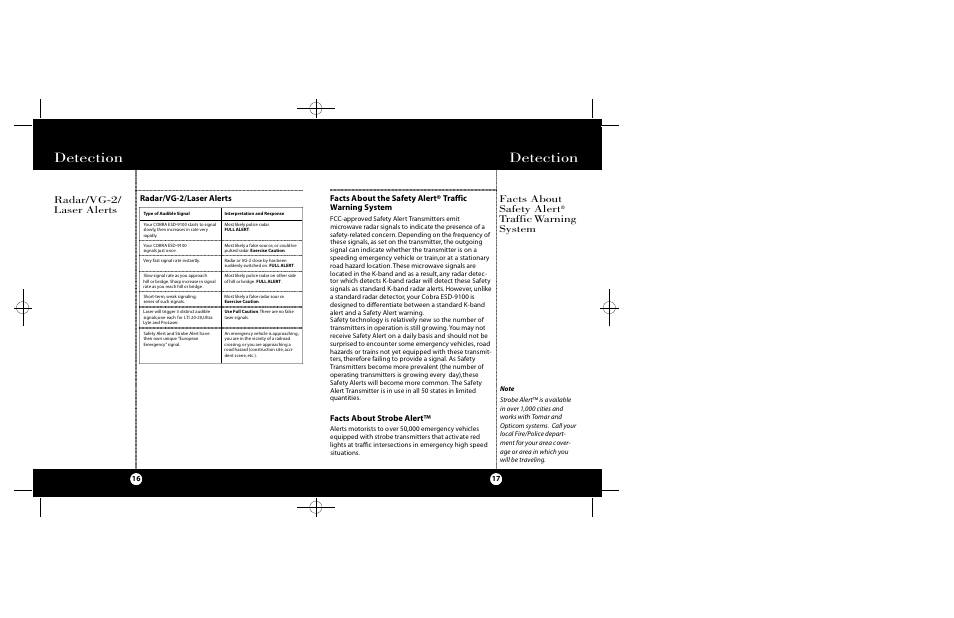 Detection, Radar/vg-2/ laser alerts, Facts about safety alert | Radar/vg-2/laser alerts, Facts about strobe alert | Cobra Electronics ESD-9100 User Manual | Page 9 / 15