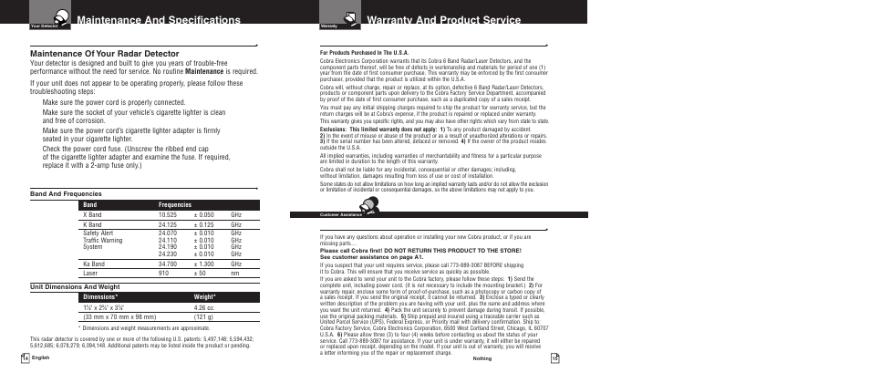 Warranty and product service, Maintenance and specifications, Maintenance | Maintenance of your radar detector, Specifications, Limited 1-year warranty, Product service | Cobra Electronics PRO 7080 User Manual | Page 10 / 12