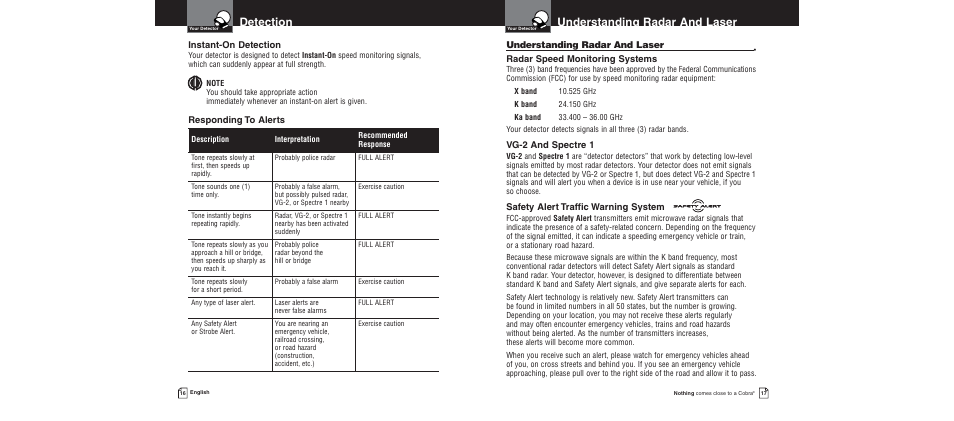 Understanding radar and laser, Detection | Cobra Electronics XRS 9300 User Manual | Page 12 / 21