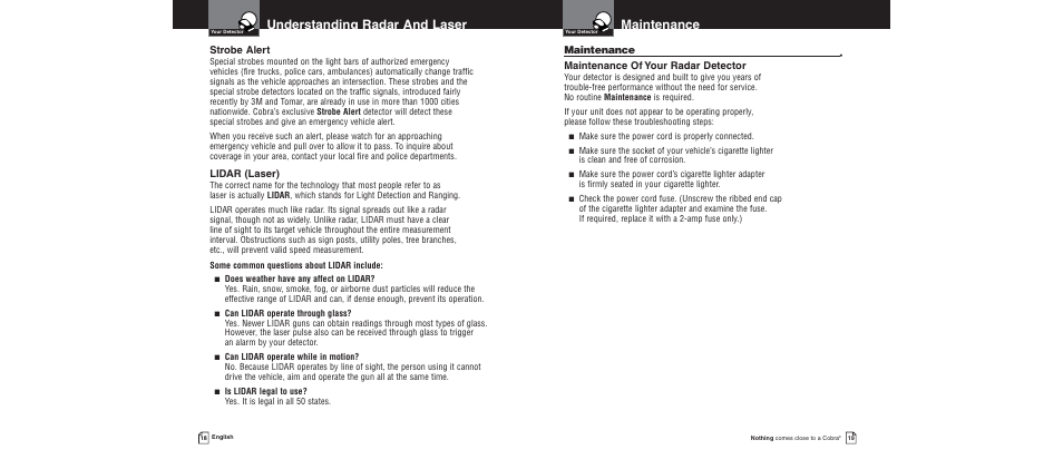 Maintenance, Understanding radar and laser | Cobra Electronics XRS 9300 User Manual | Page 13 / 21