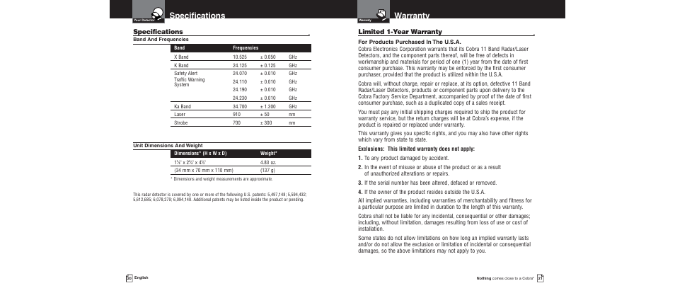 Specs, Warranty, Specifications | Limited 1-year warranty | Cobra Electronics XRS 9300 User Manual | Page 14 / 21