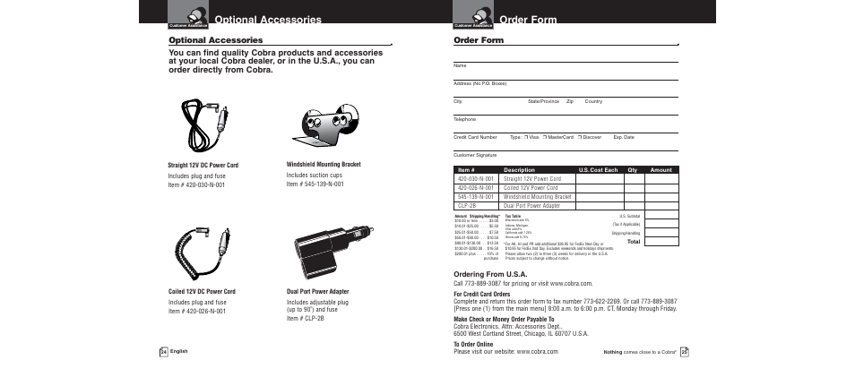 Optional accessories, Order form, Ordering from u.s.a | Cobra Electronics XRS 9300 User Manual | Page 16 / 21