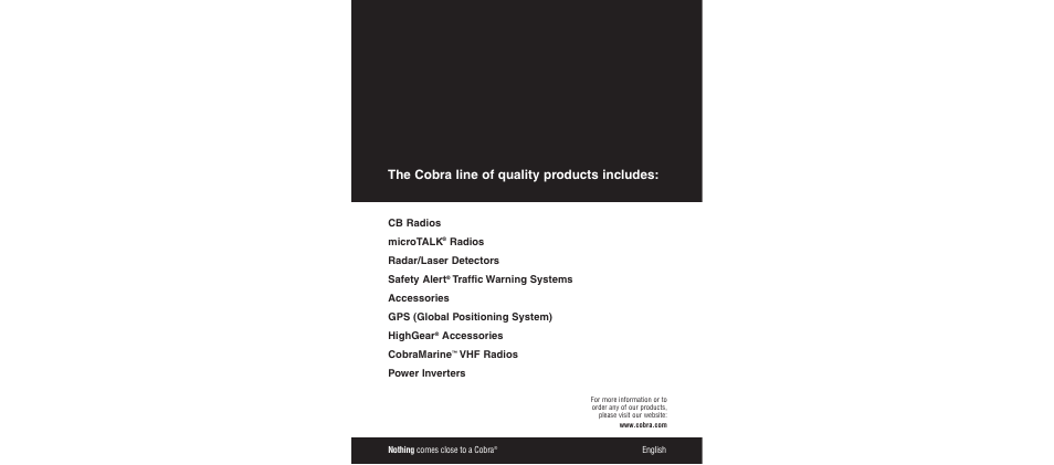 The cobra line of quality products includes | Cobra Electronics XRS 9300 User Manual | Page 17 / 21