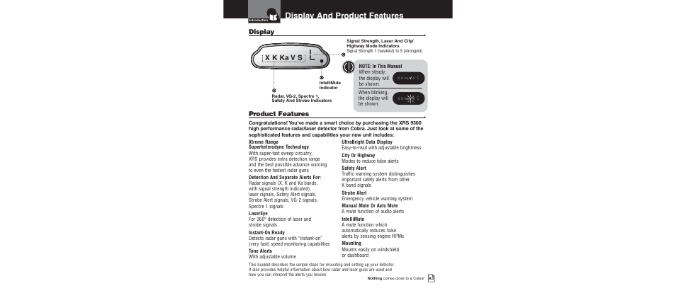 Features, Display and product features, X k ka v s | Product features, Display | Cobra Electronics XRS 9300 User Manual | Page 4 / 21