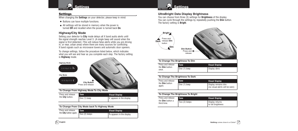 Settings, Ultrabright data display brightness, Highway/city mode | Cobra Electronics XRS 9300 User Manual | Page 7 / 21