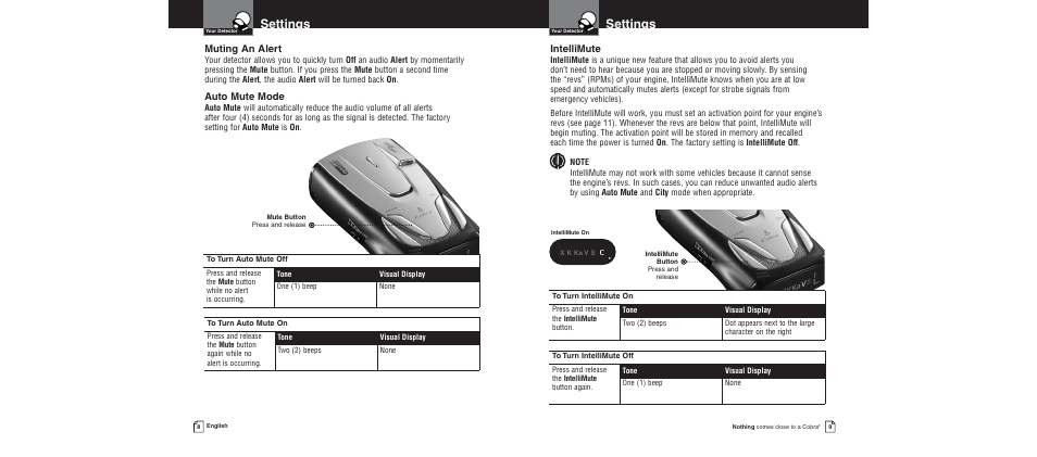 Settings, Muting an alert, Auto mute mode | Intellimute | Cobra Electronics XRS 9300 User Manual | Page 8 / 21
