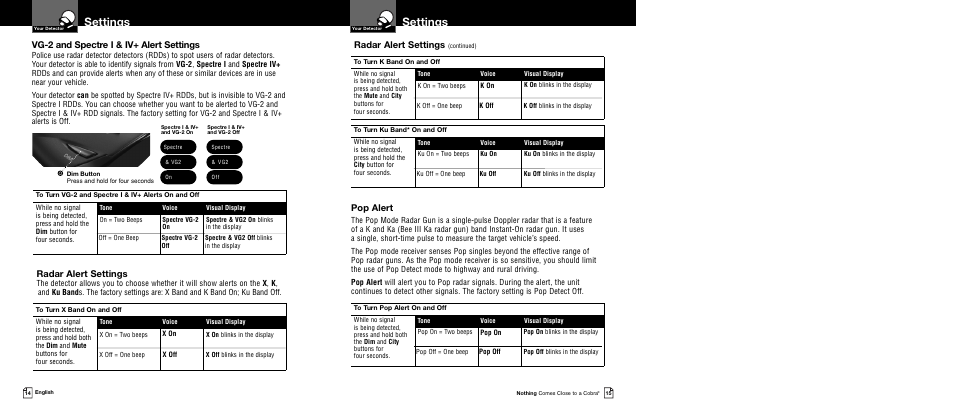 Settings, Radar alert settings, Vg-2 and spectre i & iv+ alert settings | Pop alert | Cobra Electronics XRS 9545 User Manual | Page 10 / 15