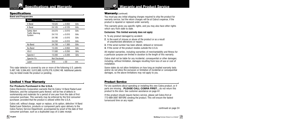 Warranty and product service, Specifications and warranty, Specifications | Warranty, Limited 1-year warranty, Product service | Cobra Electronics XRS 9545 User Manual | Page 14 / 15