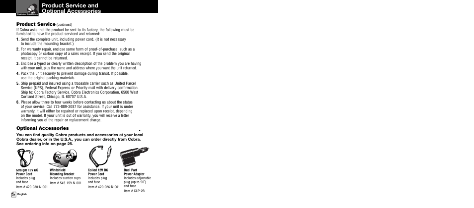 Product service and optional accessories, Product service, Optional accessories | Cobra Electronics XRS 9545 User Manual | Page 15 / 15