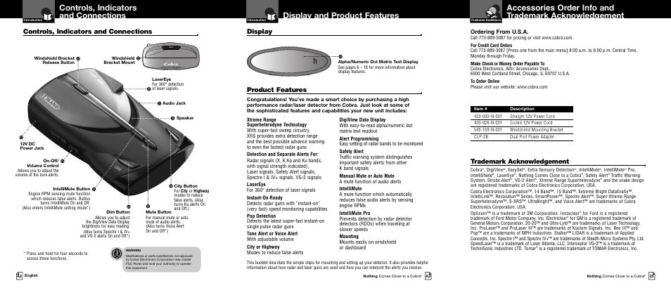 Important information and customer assistance, Display and product features, Hcontrols, indicators and connections | Product features, Display, Controls, indicators and connections, Trademark acknowledgement, Ordering from u.s.a | Cobra Electronics XRS 9545 User Manual | Page 2 / 15