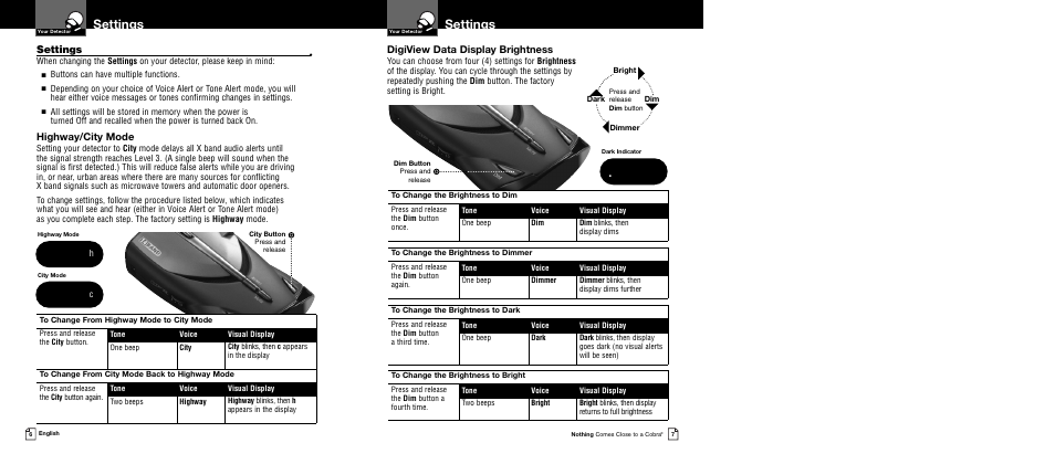 Settings, Highway/city mode, Digiview data display brightness | Cobra Electronics XRS 9545 User Manual | Page 6 / 15
